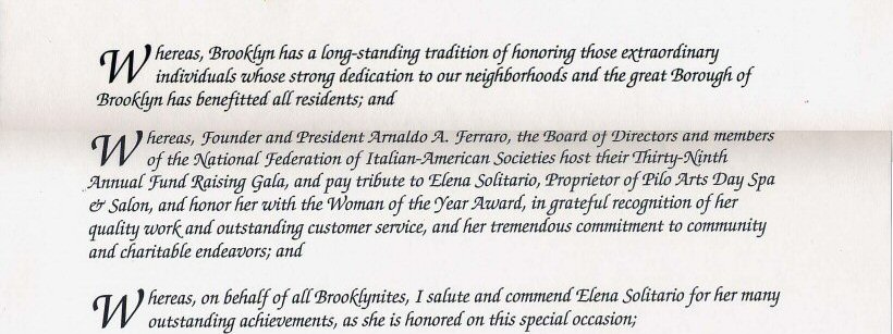 Marty Markowitz Brooklyn Borough President Citation - presented to Pilo Arts Day Spa & Salon