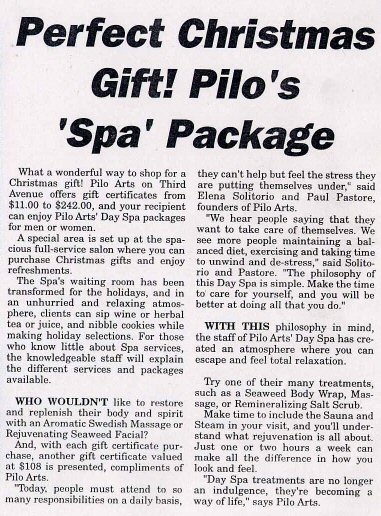 Pilo Arts Day Spa & Salon featured in The Brooklyn Spectator Newspaper Article - Perfect Christmas Gift! Pilo's Spa Package