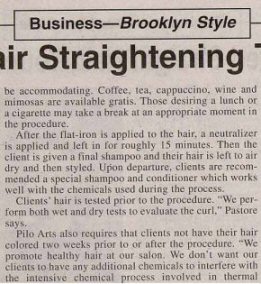 Pilo Arts Day Spa & Salon featured in The Bay Ridge Courier Newspaper Article - If You've Always Wanted Straight Hair, Your Dream Has Come True