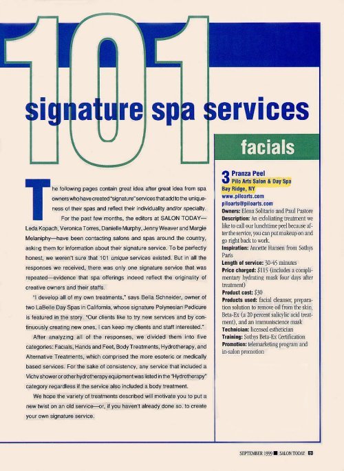 Pilo Arts Day Spa & Salon featured in Salon Today Magazine Article - 101 Signature Spa Services