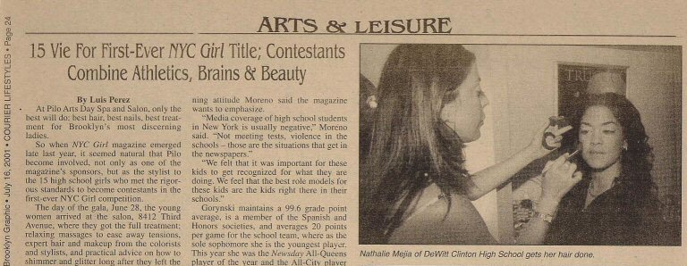Pilo Arts Day Spa & Salon featured in The Bay Ridge Courier Newspaper Article - 15 Vie for First Ever NYC Girl Title Contestants Combine Athletics, Brains & Beauty